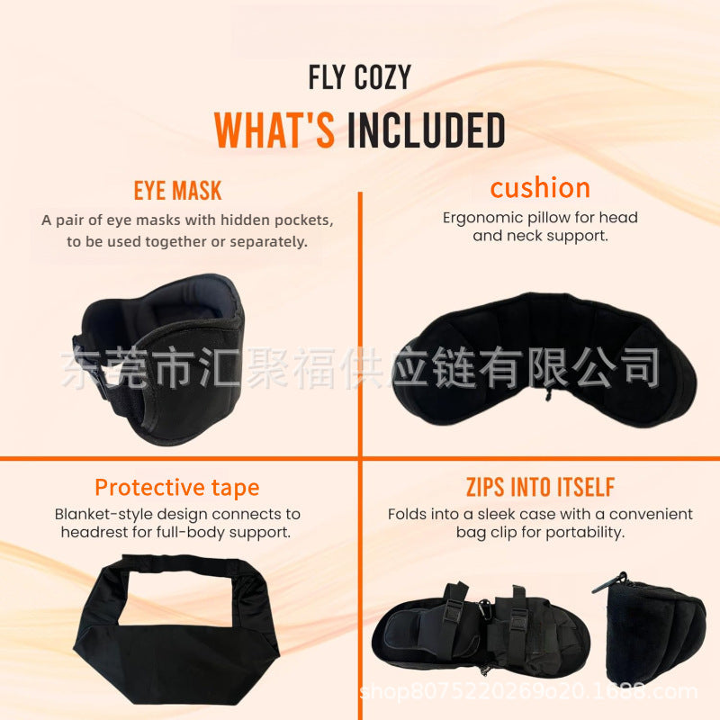 The 3-in-1 aircraft sleep accessory includes a long-range flight pillow with memory foam, adjustable travel eye masks, and blankets