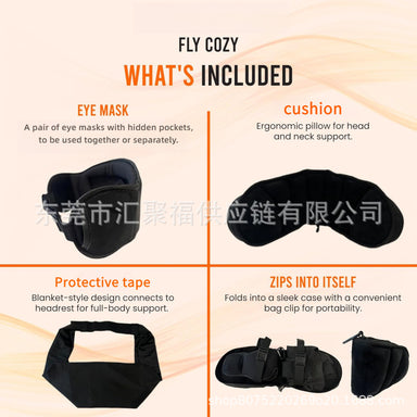 The 3-in-1 aircraft sleep accessory includes a long-range flight pillow with memory foam, adjustable travel eye masks, and blankets