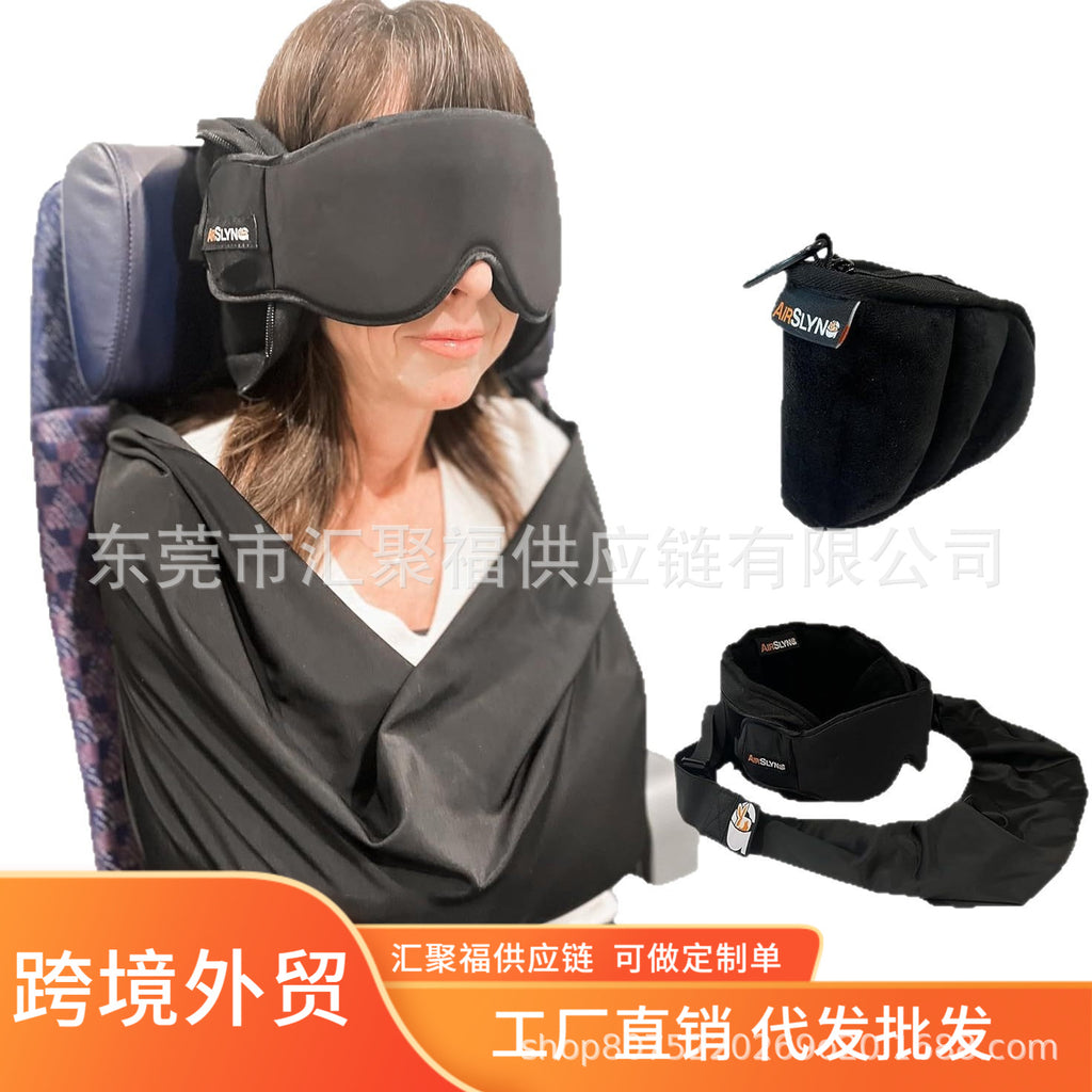 The 3-in-1 aircraft sleep accessory includes a long-range flight pillow with memory foam, adjustable travel eye masks, and blankets